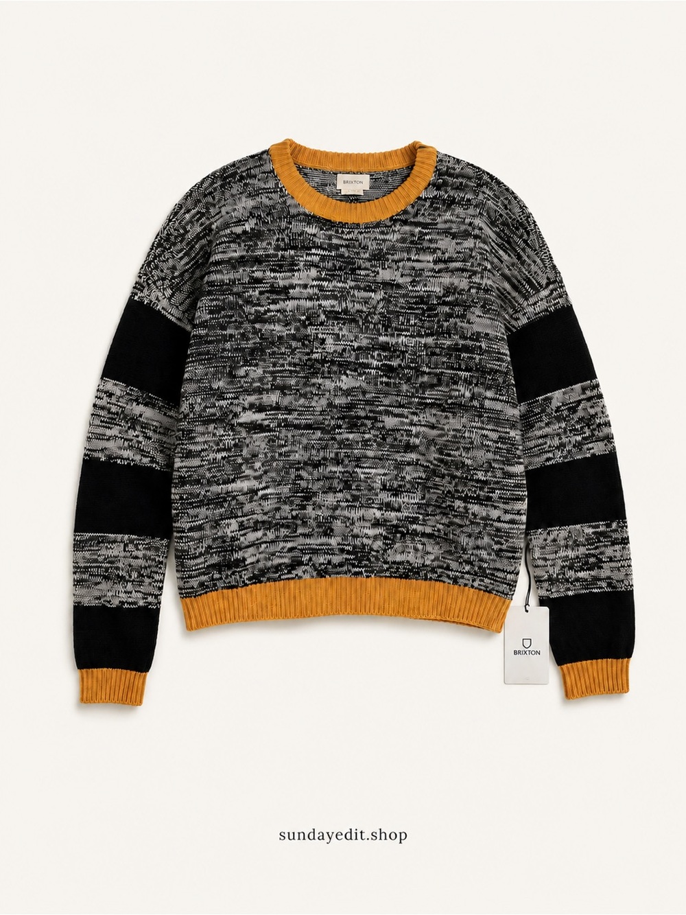 Brixton Black Marled Crewneck Sweater with Mustard Trim | Size M
